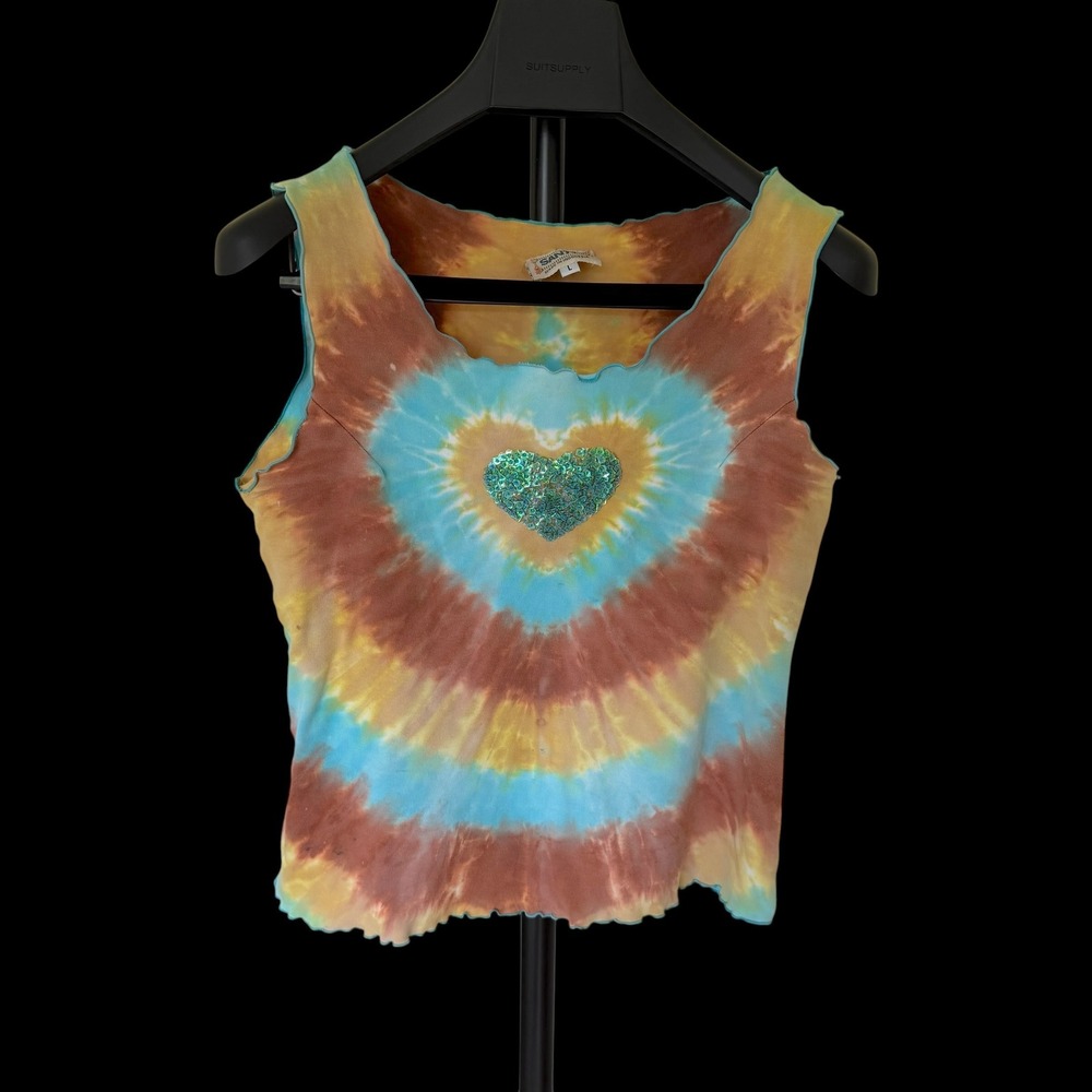 Y2K Boho Santiki Tie Dye Sequin Heart Lettuce Edge Tank Top Brown Blue Large